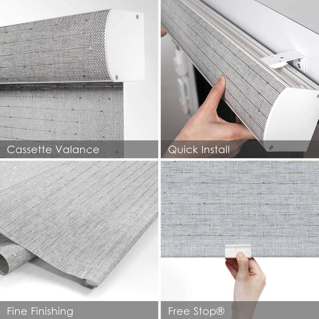 natural woven gray cordless free stop roller shade features