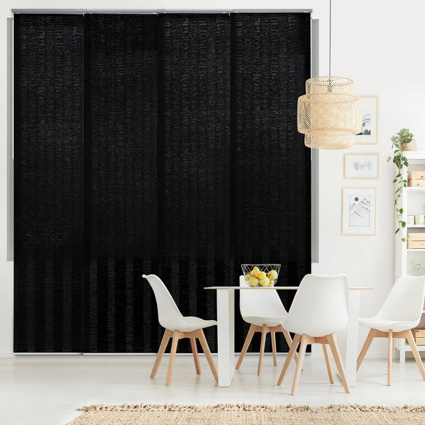 black striped pattern vertical panel track blinds