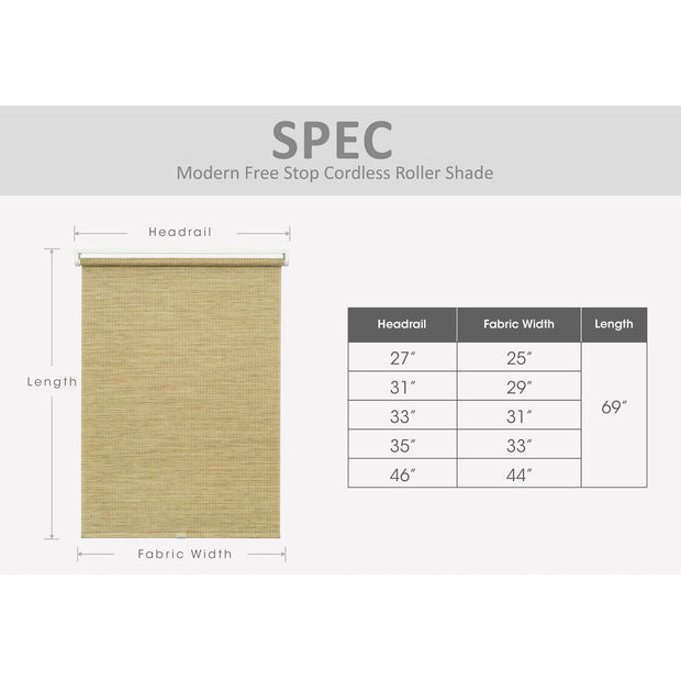 roller shade size chart
