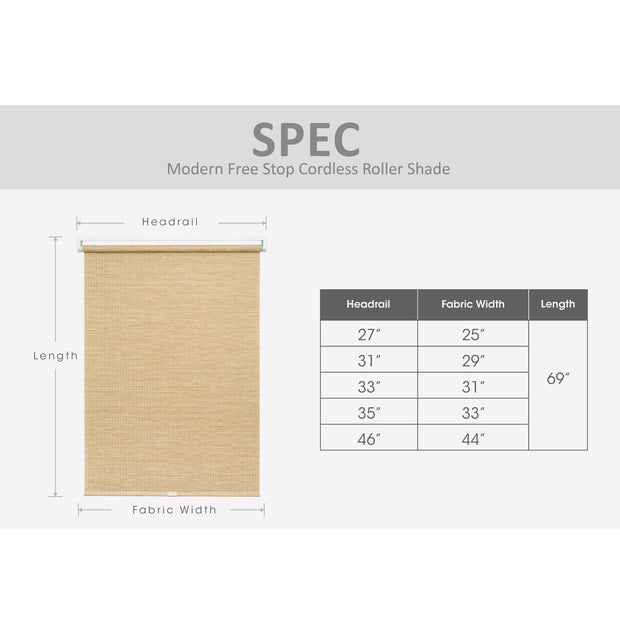 cordless roller shade size chart