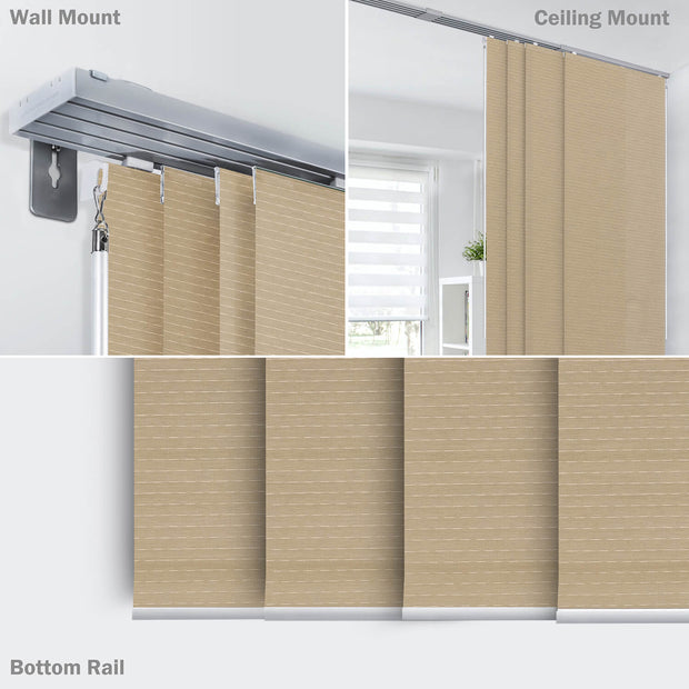 brown natural woven fabric light filtering panel curtains sliding rail track and bottom rail