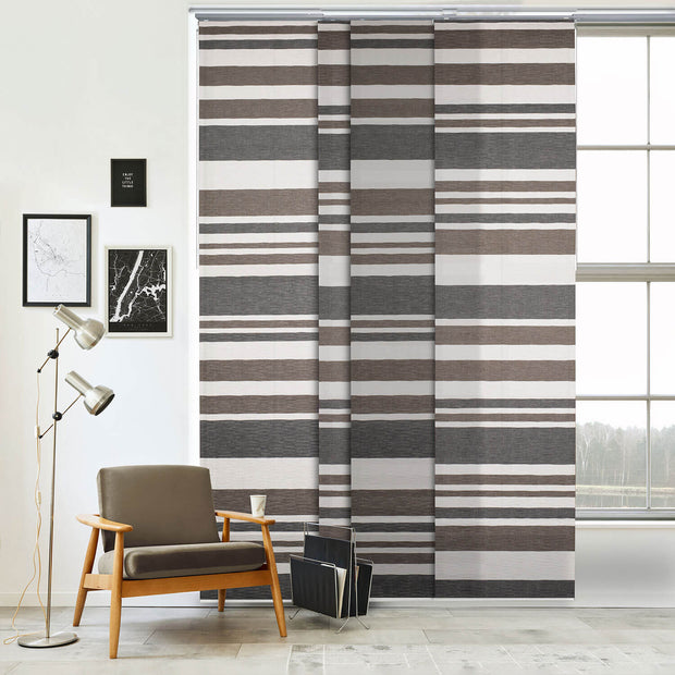 brown white gray bar code natural woven pleated light filtering adjustable sliding panels 